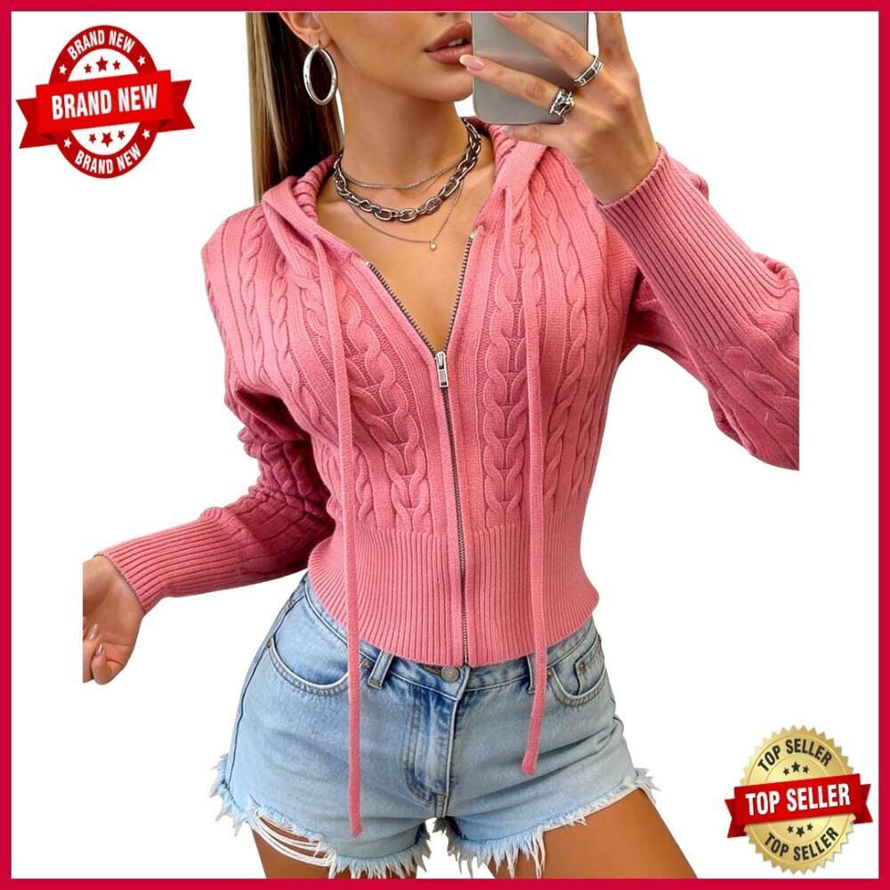 Cable Knit Cropped Zip Hoodie Cardigan Long Sleeve Y2K Jacket